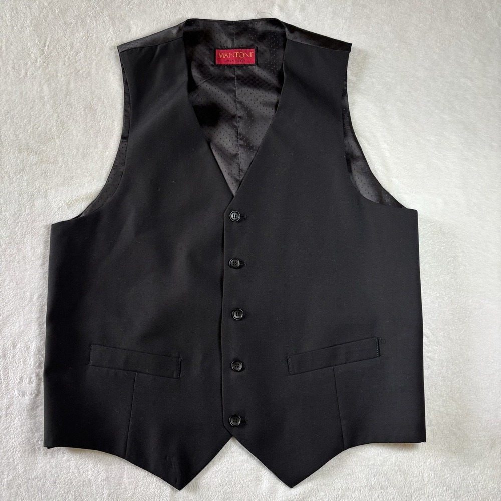 Mantoni Milán Italy Men's Black Vest Size 42  , 5 Button Formal , Wedding, Party